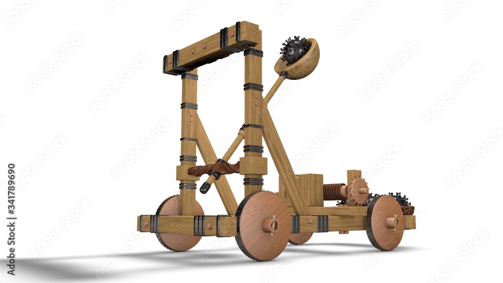 Poster 3d rendering of an old catapult with an iron projectile in the form of the covid-19 coronavirus. the