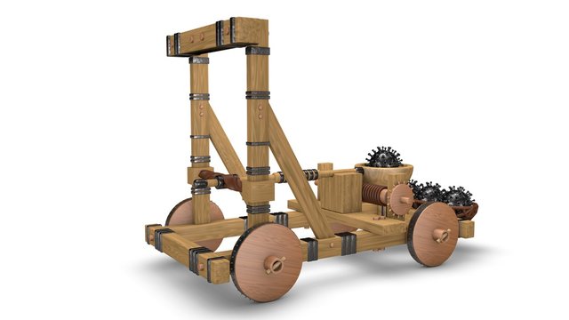 3D Rendering Of An Old Catapult With An Iron Projectile In The Form Of The Covid-19 Coronavirus.  The Idea Of A Threat From A Coronavirus From China. Aggression Of Microorganisms In The Macrocosm.