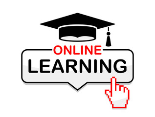 Online learning. Advertising internet education, training courses.  Flat design badge, icon with cursor . Illustration, vector 