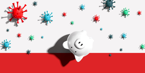 Upside down piggy bank with epidemic influenza and Coronavirus concept
