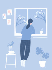 Woman looking out of window. Cozy room interior with abstract wall art, flowers on stool and monstera plant in pot. Blue flat vector illustration.