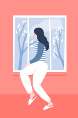 Young woman at home looking out window, sitting on sill in pink room. Spring landscape outside, blue sky with clouds and trees. Self isolation concept illustration.