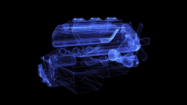 Hologram of powerful motor. 3D animation of auto engine on a black background with a seamless loop