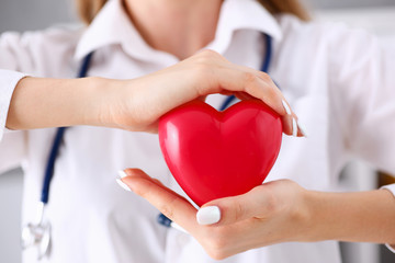 Female doctor hold in arms and cover red toy heart closeup. Cardio therapeutist, student education,...