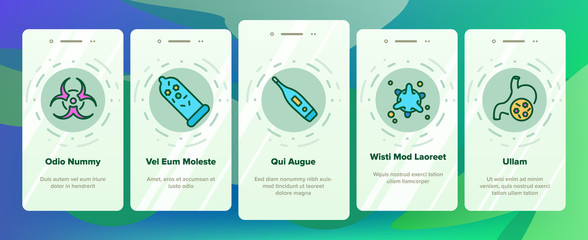 Infection And Disease Onboarding Icons Set Vector. Infection In Stomach And Lungs, On Hand And In Flask, Thermometer And Syringe Illustrations