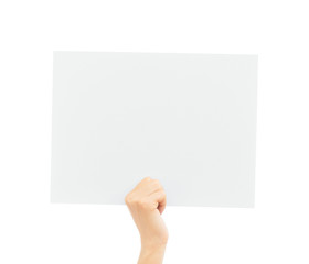 Fototapeta premium Woman hand rise up a blank white placard for copy-space.