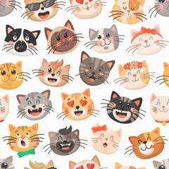 Obraz na płótnie Canvas Cute cats vector seamless pattern, kitten muzzles with bows, flower wreath and neck ties on white background. Cartoon animal faces, kids design for fabric or wrapping paper. Funny kawaii cats pattern