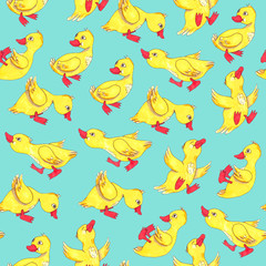 Yellow ducks colorful seamless pattern for children on blue