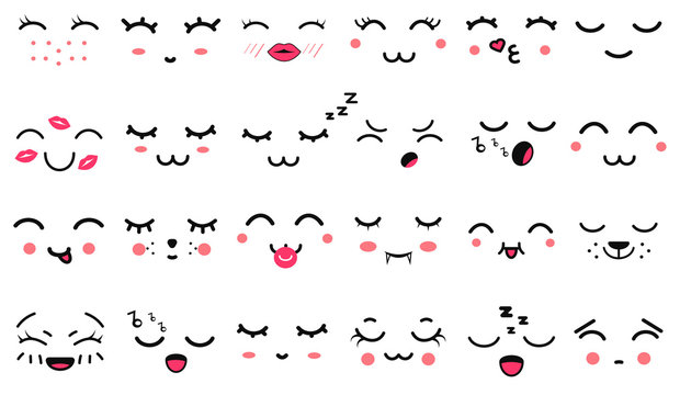 Kawaii cute faces with closed eyes. Manga style eyes and mouths. Funny cartoon japanese emoticon in in different expressions. Expression anime character and emoticon face illustration. Emotions.