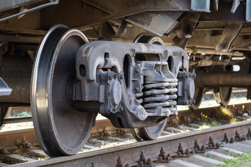 wheel of a railway car on the rails, close-up.Railway car