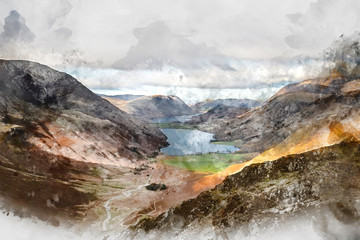 Digital watercolor painting of Majestic vibrant Autumn Fall landscape of Buttermere and Crummock Water flanked by mountain peaks of Haystacks High Stile and Mellbreak in Lake District
