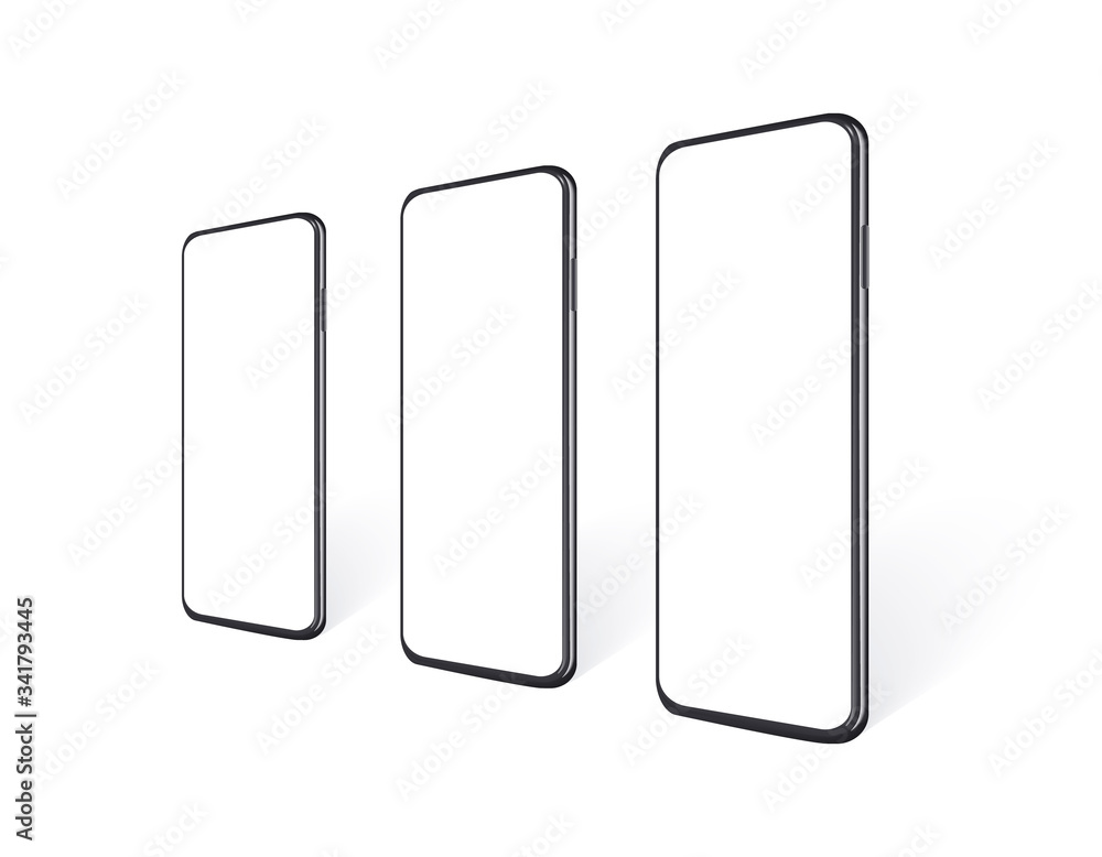 Poster realistic smartphones in row en perspective view with empty screen. mobile phone mockup set for pres