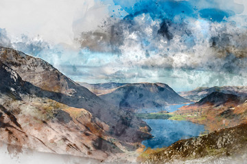 Digital watercolor painting of Majestic vibrant Autumn Fall landscape of Buttermere and Crummock Water flanked by mountain peaks of Haystacks High Stile and Mellbreak in Lake District