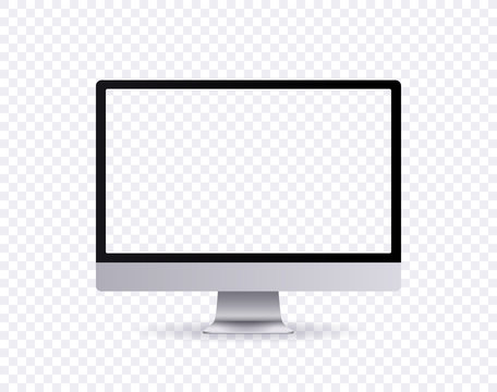 Realistic computer screen, grey thin frame monitor mockup in modern style with transparent screen in front view isolated on transparent background. Vector 3d illustration.
