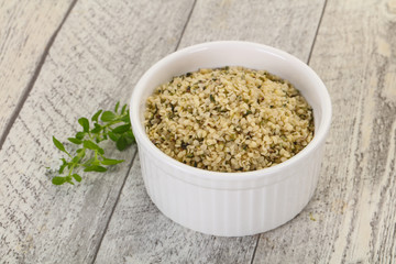 Peeled hemp seeds in the bowl