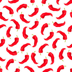 Red chili peppers on the white background. Seamless pattern. Vector illustration in the cartoon style.