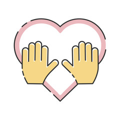 Volunteer organization vector illustration isolated on white background. Hands on the heart. Voluntary, charity, donation icon.