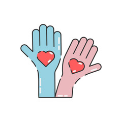 Obraz premium Volunteer activity vector illustration isolated on white background. Hands with hearts. Voluntary, charity, donation icon.