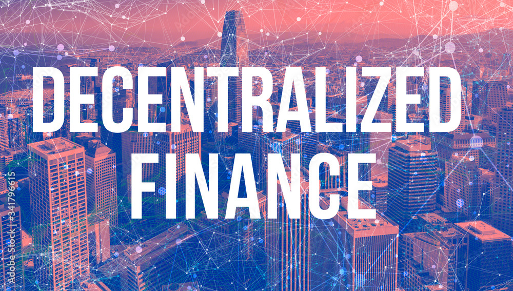 Poster decentralized finance defi theme with abstract network patterns and downtown san francisco skyscrape