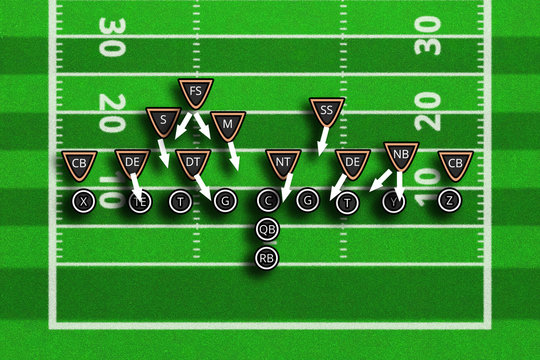 Scheme of football game. Team play and strategy. 3d illustration american football play with x's and o's. Top views of american football field.
