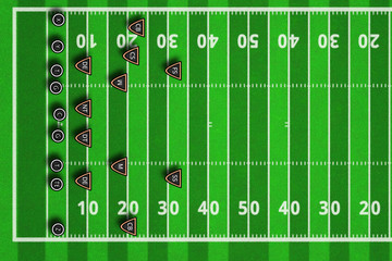 Scheme of football game. Team play and strategy. 3d illustration american football play with x's and o's. Top views of american football field.