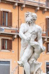 Fototapeta na wymiar Detailed view of main sculpture of Fontana del Moro, or Moor Fountain, on Piazza Navona, Rome, Italy
