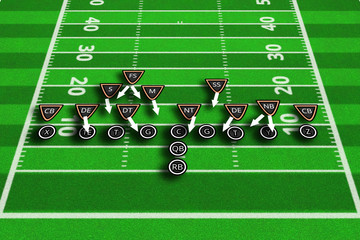 Scheme of football game. Team play and strategy. 3d illustration american football play with x's...
