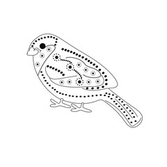 Cute Sparrow with a pattern of circles and flowers made with a brush with a black outline