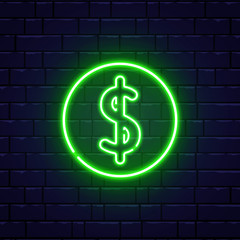 Dollar neon sign on brick wall. Money bright green symbol. Night bright advertising. Cash back neon template. Dollar currency with backlight. Finance concept. Vector illustration