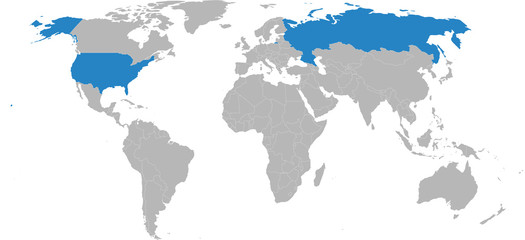 Russia, USA map highlighted on world map. Light gray background. Business concepts, diplomatic, travel, trade and transport relations.