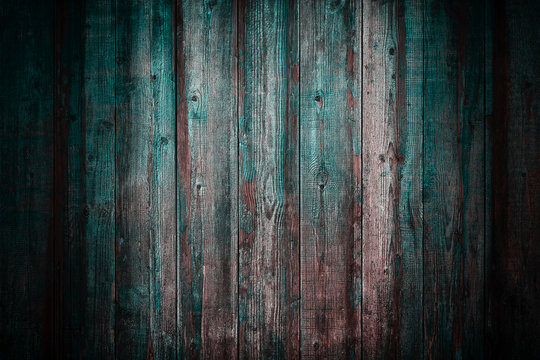 Brown & Green Wood Texture. Abstract Background, Empty Template. Rustic Weathered Barn Wood Background With Knots And Nail Holes. Close Up Of Wall Made Of Wooden Planks. Grunge Surface