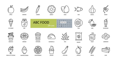 Fototapeta premium Vector icons the ABC's of food. Editable Stroke. Food in alphabetical order. Vegetables, fruits, fast food, sweets, fish, cocktail, bread, honey and jam