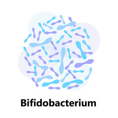 Probiotics bacteria. Lactobacillus, bulgaricus logo with text. Amorphous symbols for milk products are shown such as yogurt, acidophilus. Lactococcus, propionibacterium are shown.