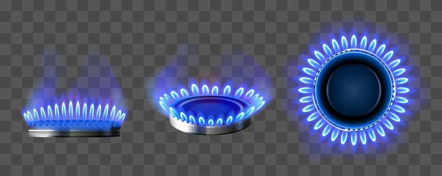 Gas burner with blue flame. Glowing fire ring on kitchen stove in top and side view. Vector realistic mockup of burning propane butane in oven for cooking isolated on transparent background