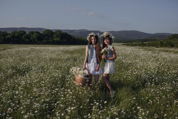 two cute teen girls in denim overalls walk in a daisy field