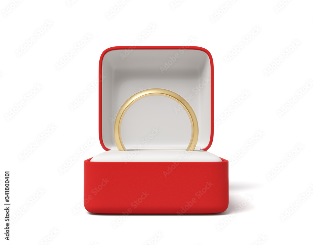 Poster 3d close-up rendering of gold ring in open red box on white background.