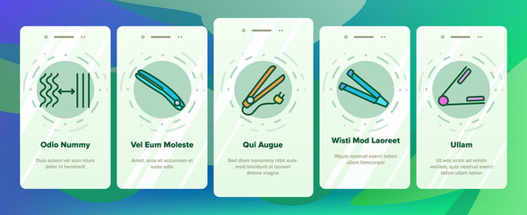 Fototapeta premium Flat Iron Equipment Onboarding Icons Set Vector. Flat Iron Hairdresser Device, Appliance For Beauty Hair, Woman Make Coiffure With Tool Illustrations