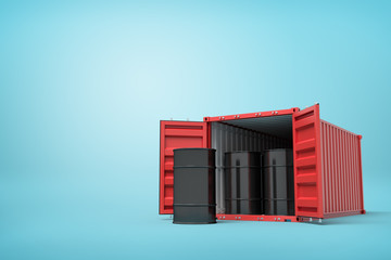 3d rendering of red shipping container filled with black fuel barrels on blue background