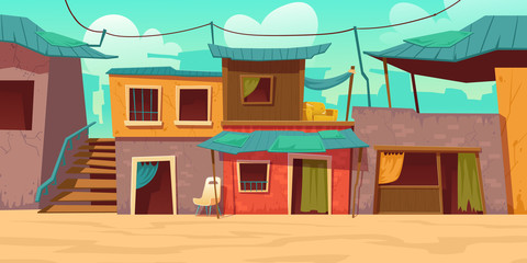 Ghetto street with poor dirty houses. Vector cartoon illustration of slum, neighborhood with old broken buildings, crowded dilapidated shacks. Poverty concept. Empty shantytown
