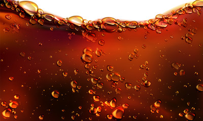 Splash of cola, soda or beer with bubbles. Vector realistic illustration of fizzy drink, champagne, cold carbonated beverage isolated on white background. Wavy flow of liquid brown effervescent water - obrazy, fototapety, plakaty