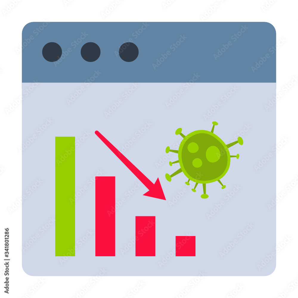 Aufkleber coronavirus impact showing in bar graph concept, downwards trends chart with virus symbol on white b