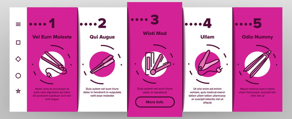 Flat Iron Equipment Onboarding Icons Set Vector. Flat Iron Hairdresser Device, Appliance For Beauty Hair, Woman Make Coiffure With Tool Illustrations