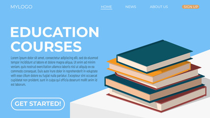 Template for a web page on the topic of education courses, training or reading books. It can be used for a website or banner. A vector illustration contains a stack of books with different covers.