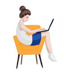 The girl work at home