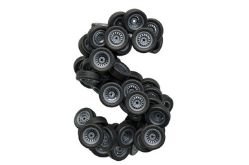 Letter S from car wheels, 3D rendering