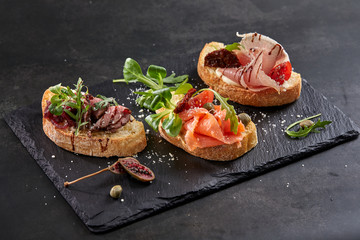 canape with meat  and vegetables - obrazy, fototapety, plakaty