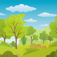 Summer trees, bush, grass, sky, clouds. Background with Green plants. Forest Landscape. Nature banner