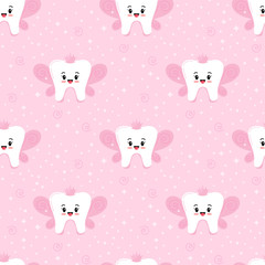 Cute Tooth Fairy vector seamless pattern.