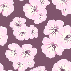Hand drawn seamless pattern vector of purple and white spring sakura, flowers, blooming floral elements. Ink doodle sketch illustration for design cards, invitations, wallpaper, wrapping paper, fabric