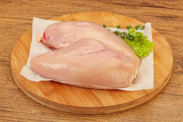 Raw chicken breast over board